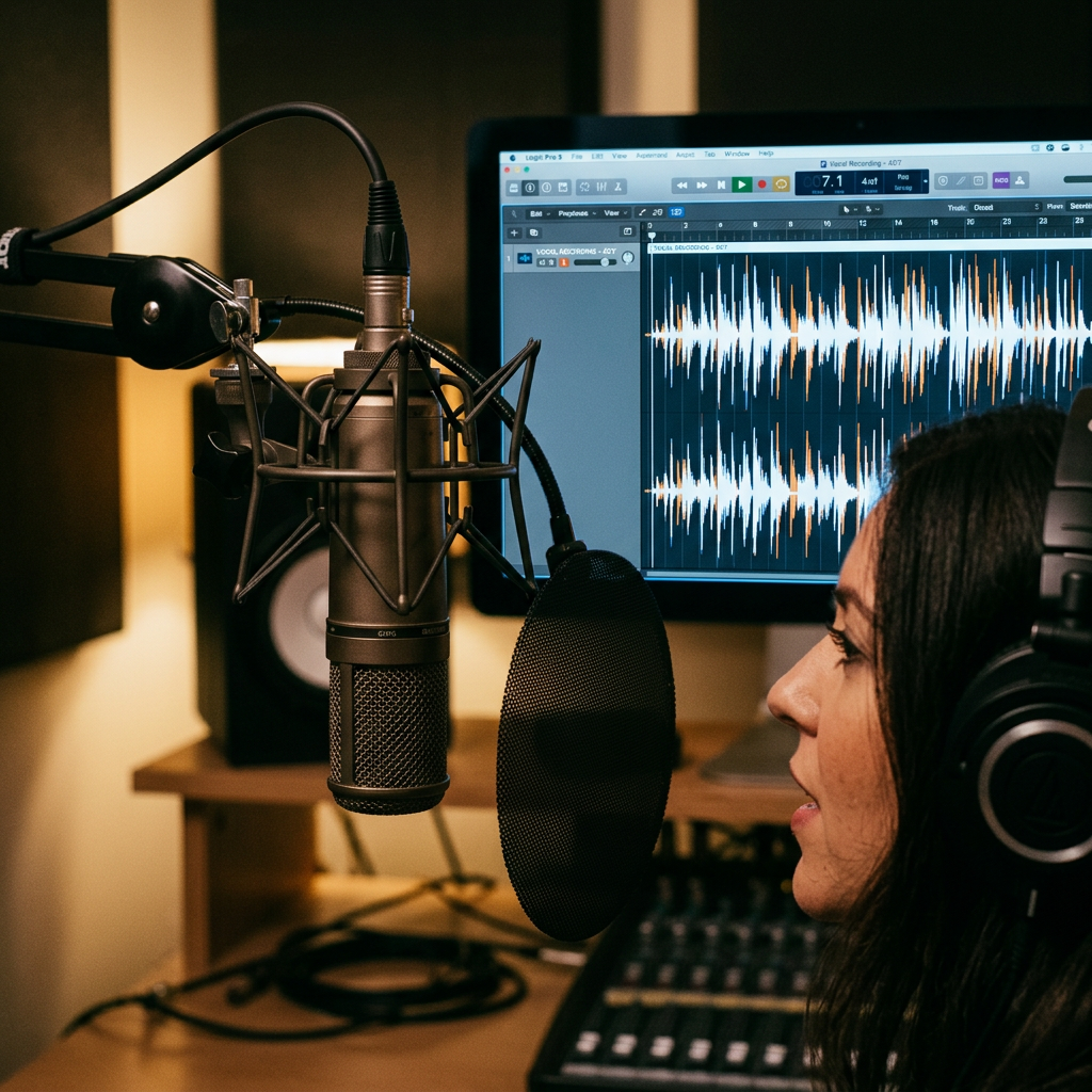Woman wearing headphones speaking into a studio microphone with audio waveforms on a computer screen