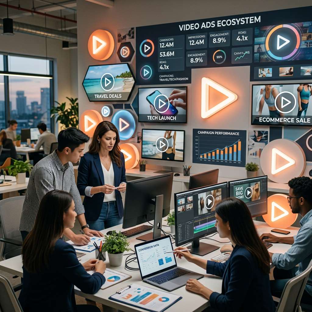 Marketing team analyzing video ad campaigns with charts and videos on multiple screens